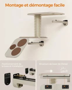 Store SONGMICS Eacalier pour chat mural avec étagère et auto-toiletteur Marron Avoine + Marron Café