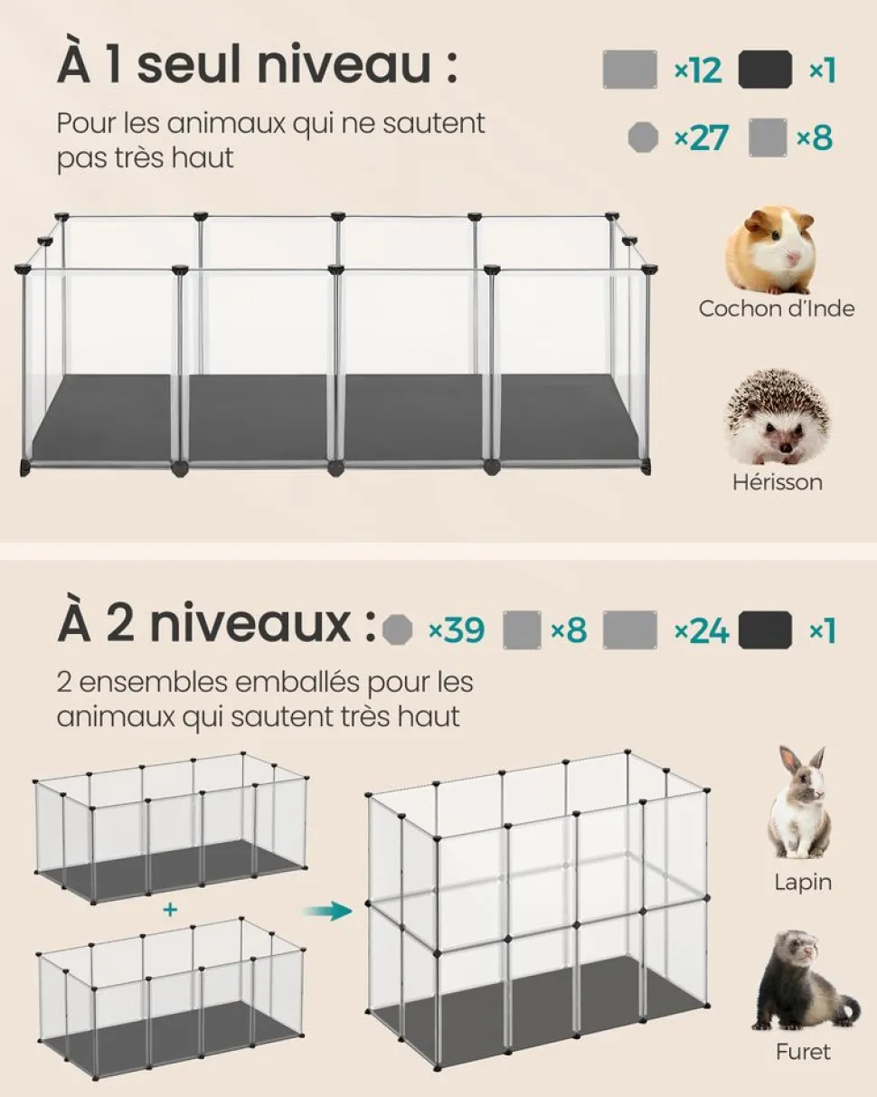 Store SONGMICS Enclos pour animaux avec plancher et tapis imperméable 125 x 63 x 42 cm blanc