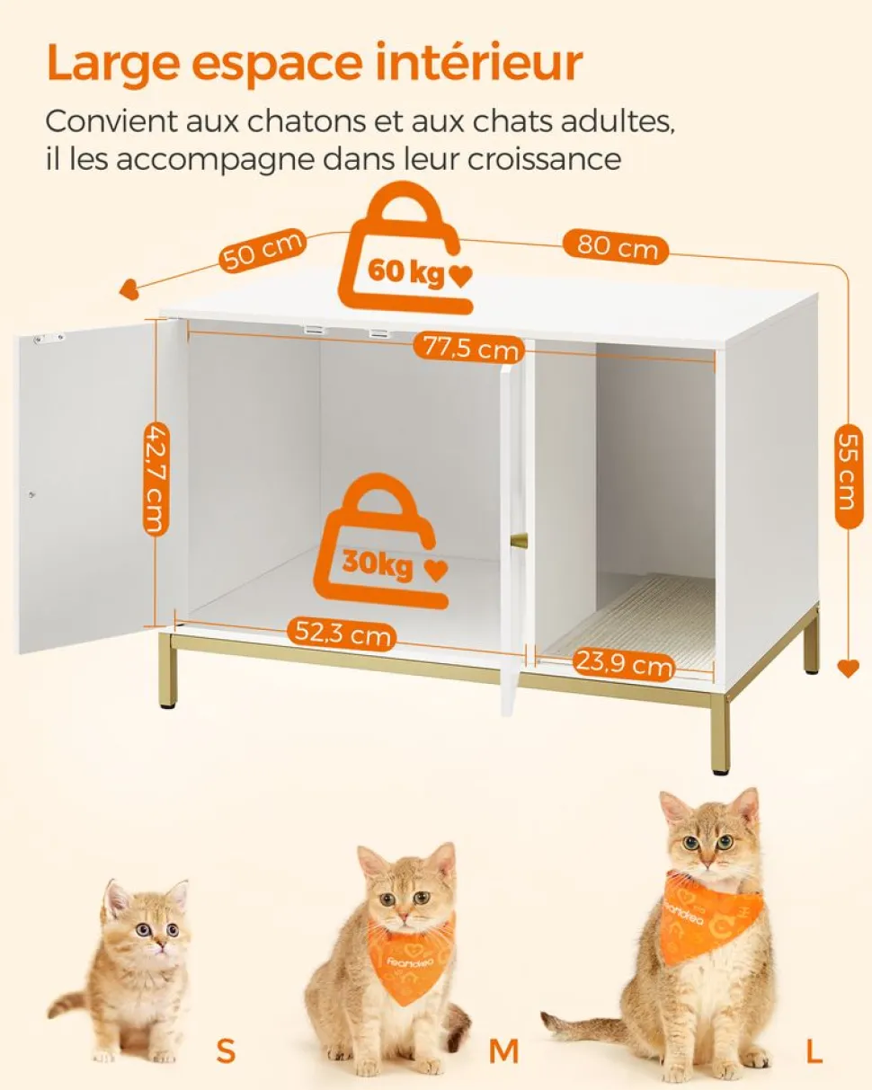 Outlet SONGMICS Maison de toilettes pour chat blanc Blanc + Doré