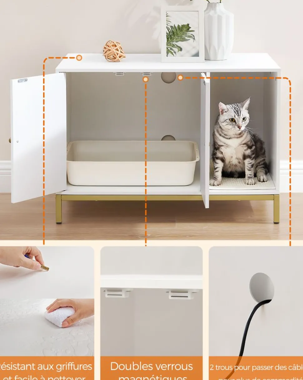 Outlet SONGMICS Maison de toilettes pour chat blanc Blanc + Doré