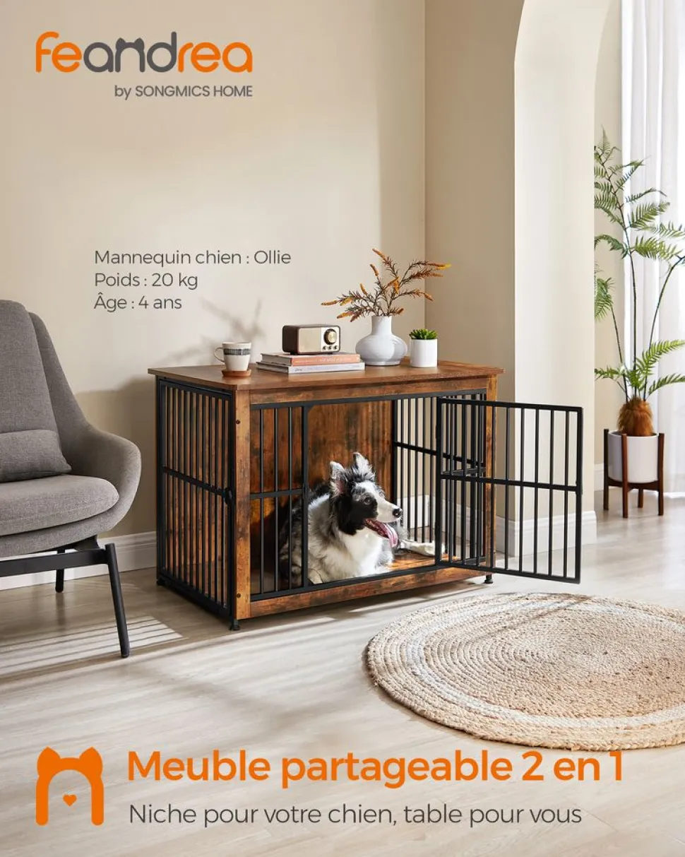 Store SONGMICS Meuble cage pour chien à double porte marron rustique