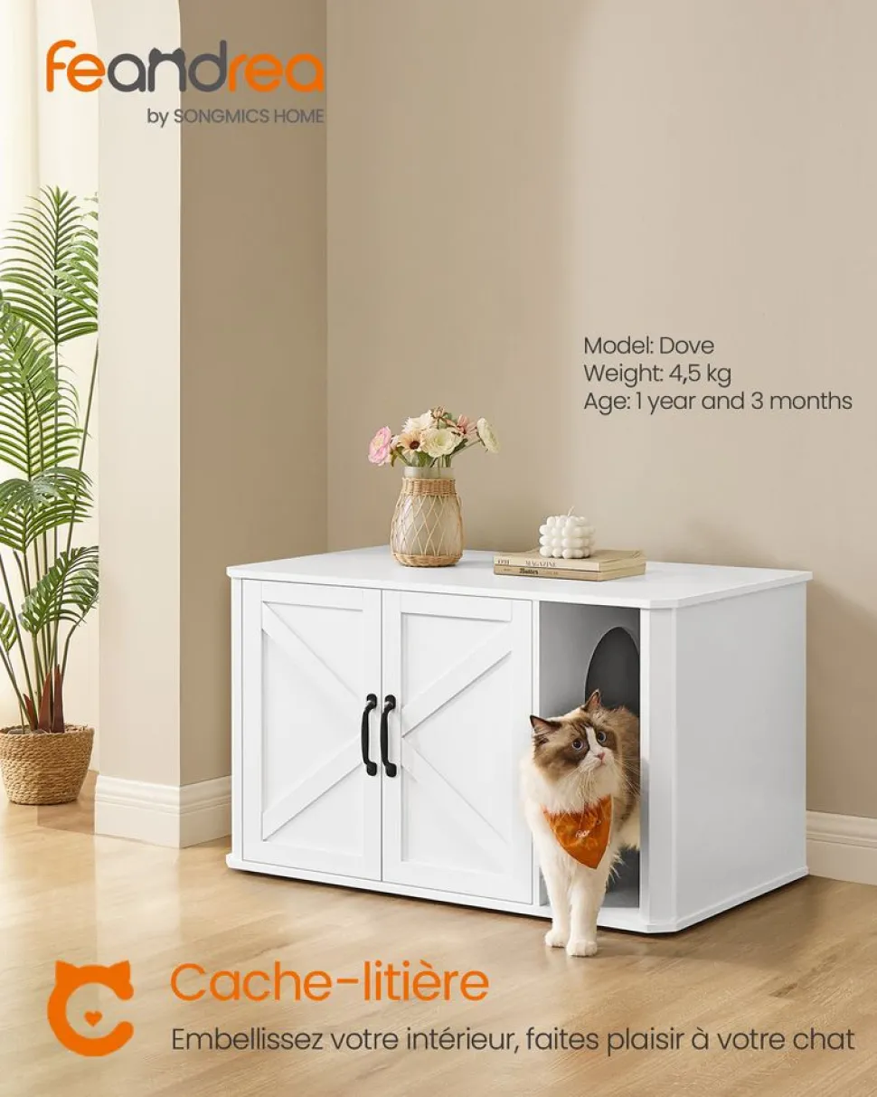 Fashion SONGMICS Meuble litière pour chat 85 x 48,5 x 50 cm blanc nuage