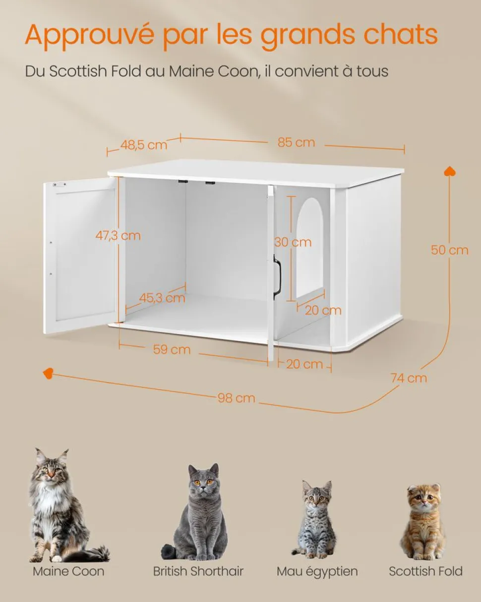 Fashion SONGMICS Meuble litière pour chat 85 x 48,5 x 50 cm blanc nuage