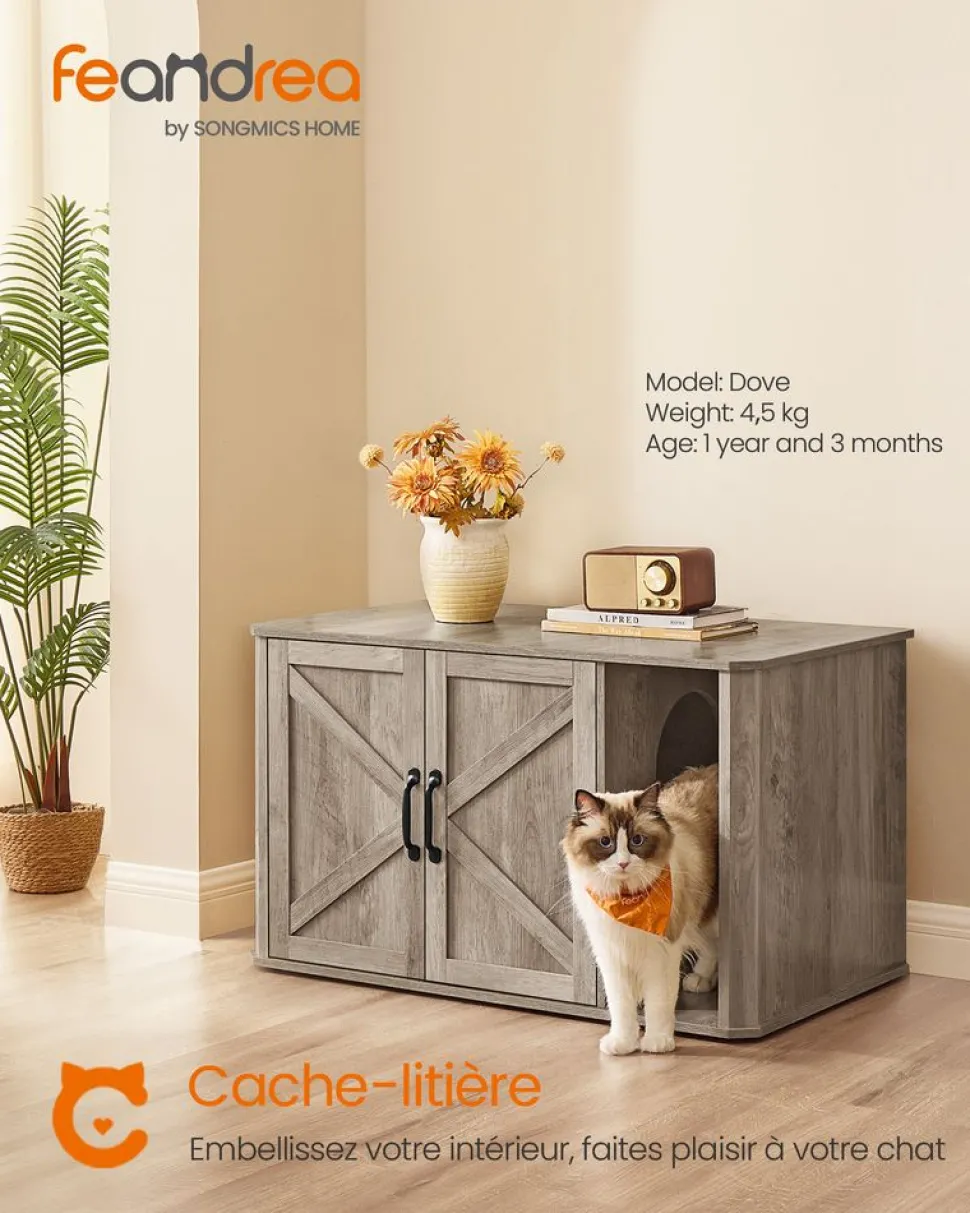 Fashion SONGMICS Meuble litière pour chat 85 x 48,5 x 50 cm blanc nuage