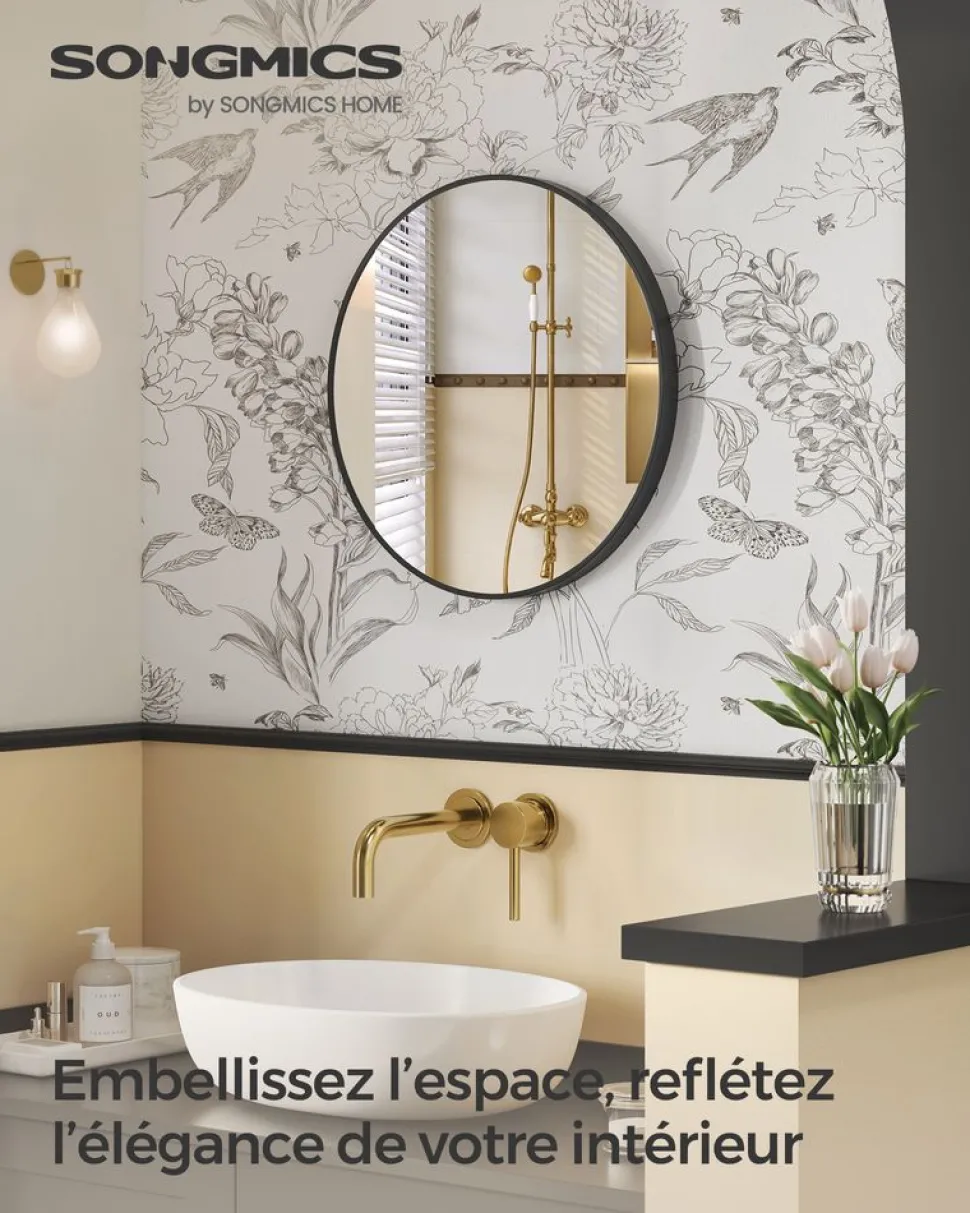 Discount SONGMICS Miroir mural rond diamètre 61 cm cadre en métal noir