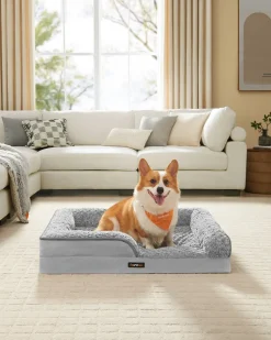 Best Sale SONGMICS Panier pour chien tissu peluche aux motifs roses 71 x 58 x 16 cm gris tourterelle