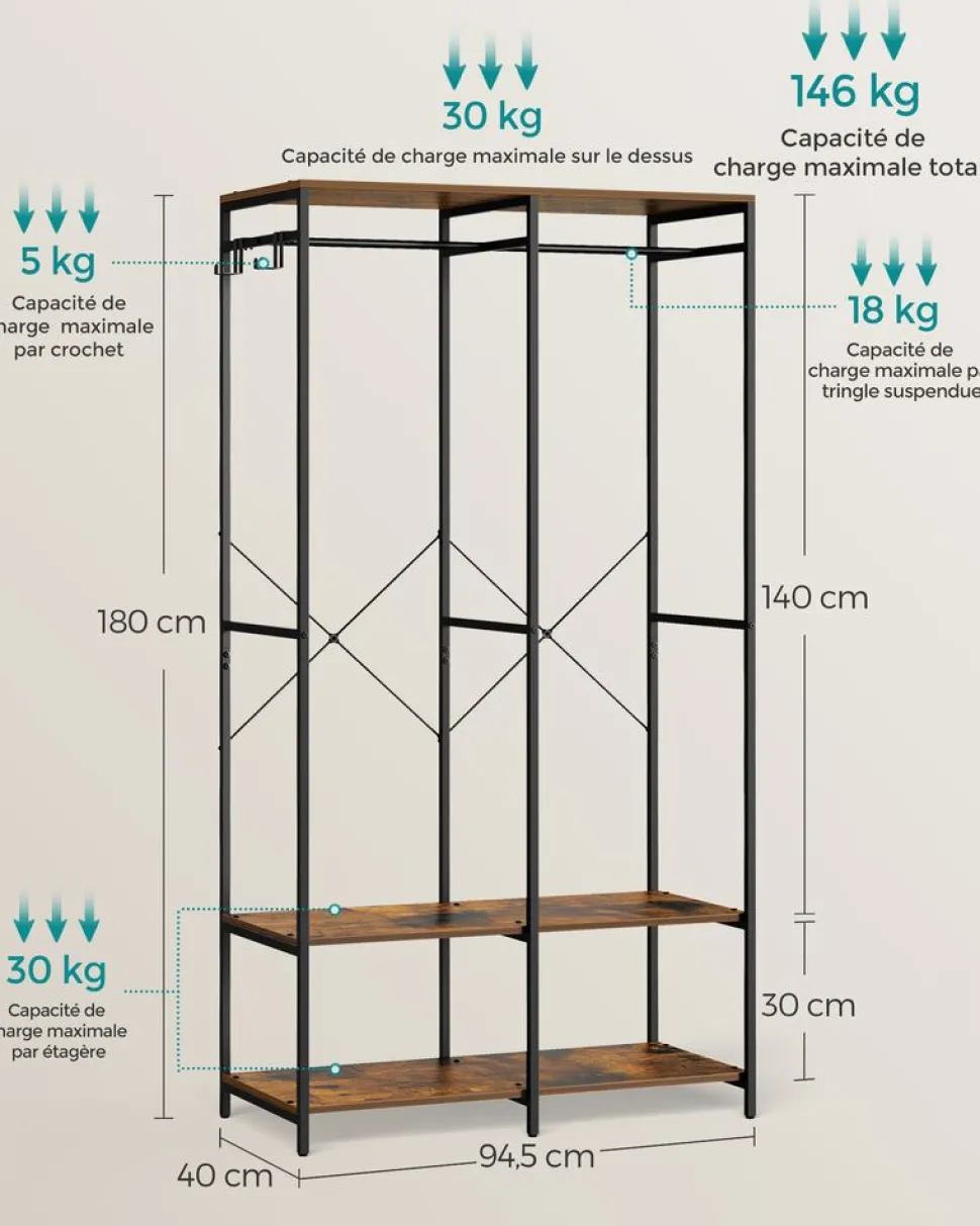 New SONGMICS Penderie 2 tiroirs et 4 étagères Marron Rustique