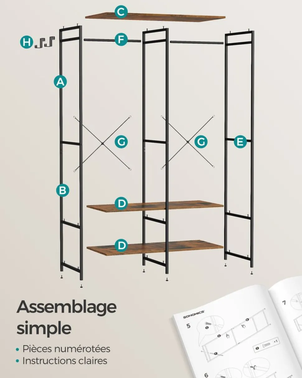 New SONGMICS Penderie 2 tiroirs et 4 étagères Marron Rustique