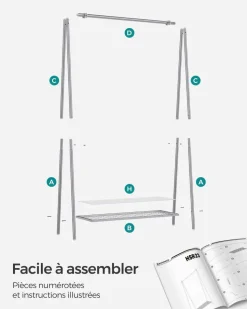 Fashion SONGMICS Portant à vêtements en acier avec tringle et étagère 33,5 x 92,5 x 153 cm argent