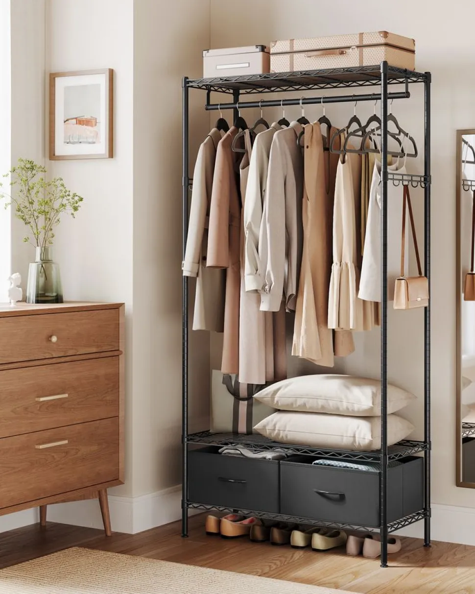 Online SONGMICS Portant à vêtements ouvert avec étagères grillagées avec 2 tiroirs et tringle à vêtements noir d'encre