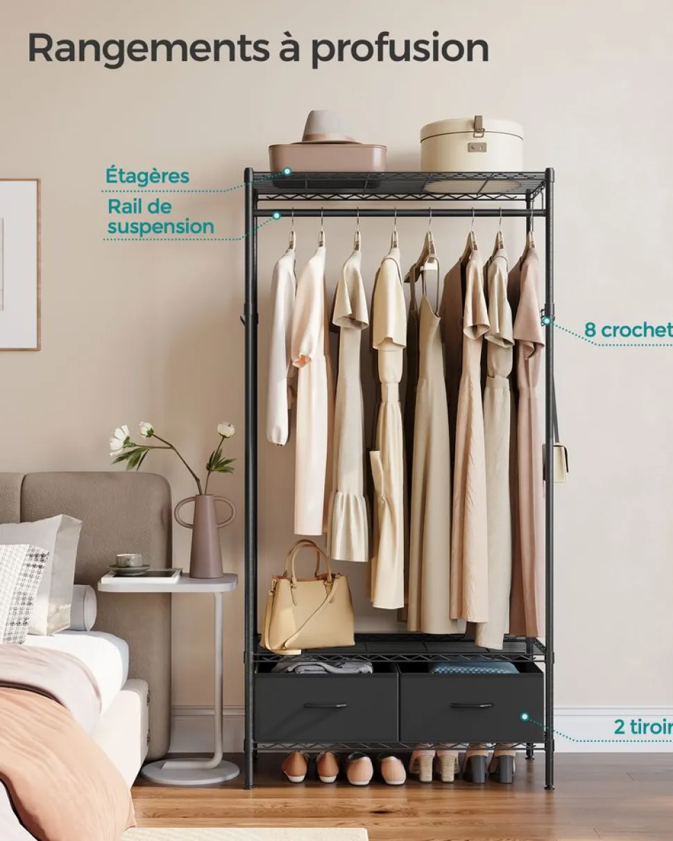 Online SONGMICS Portant à vêtements ouvert avec étagères grillagées avec 2 tiroirs et tringle à vêtements noir d'encre