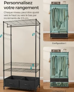 Online SONGMICS Portant à vêtements ouvert avec étagères grillagées avec 2 tiroirs et tringle à vêtements noir d'encre