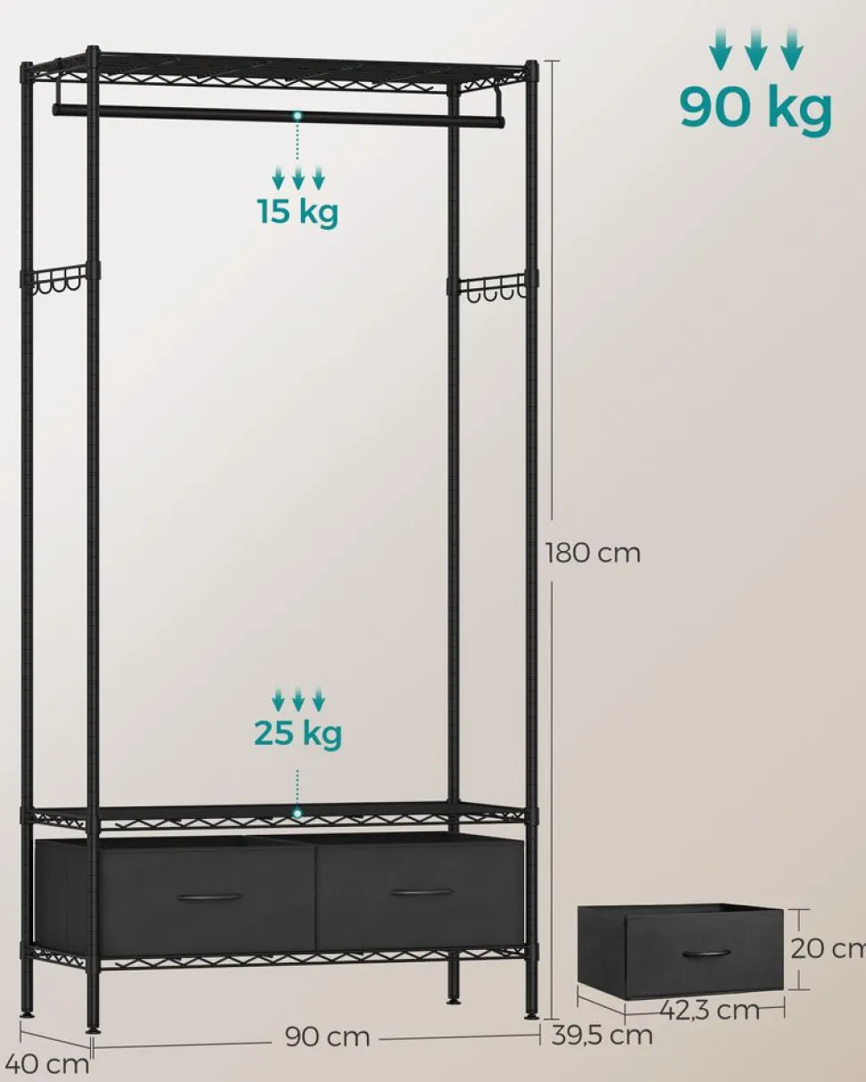 Online SONGMICS Portant à vêtements ouvert avec étagères grillagées avec 2 tiroirs et tringle à vêtements noir d'encre