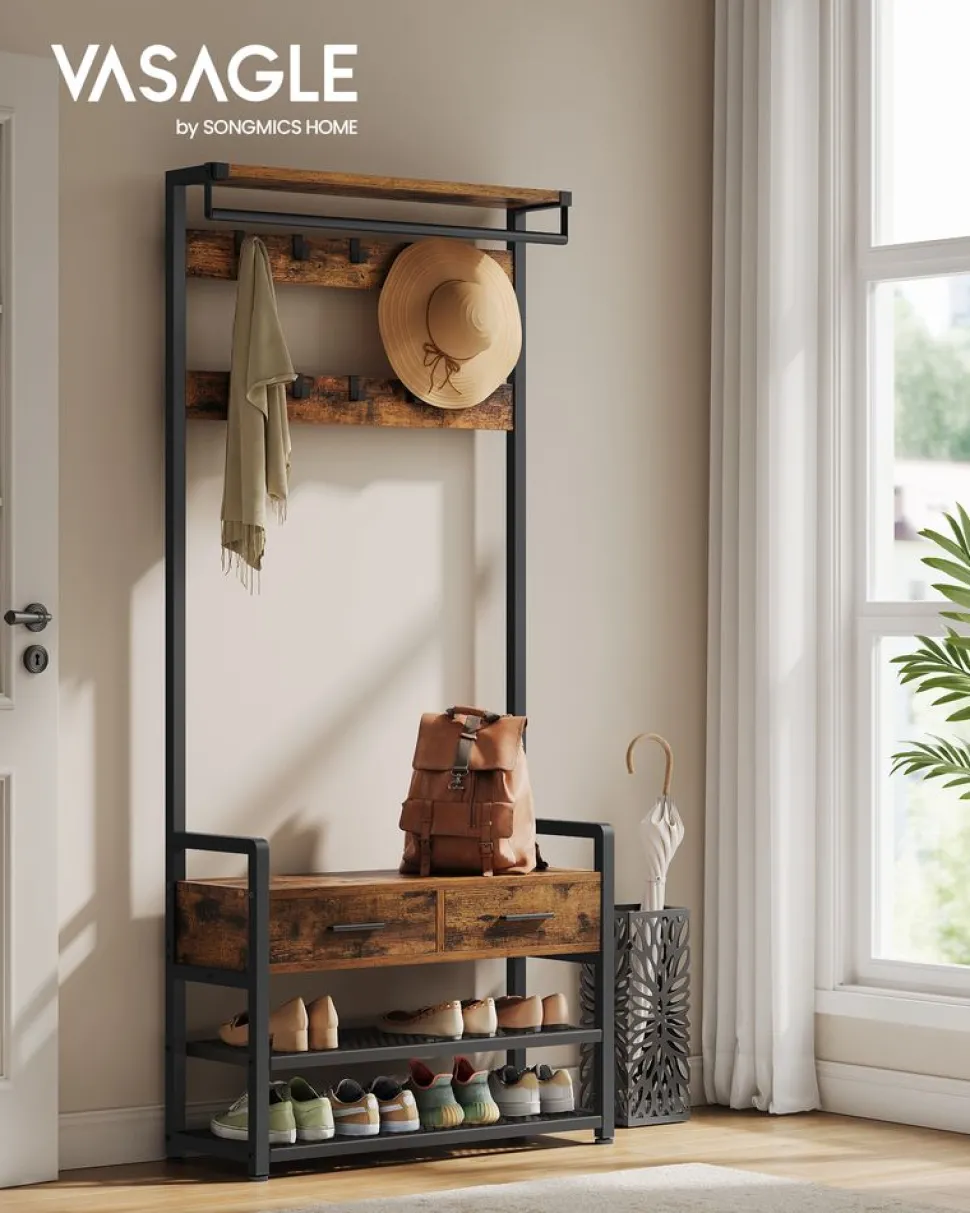 Clearance SONGMICS Porte-manteau d’entrée avec 10 crochets amovibles marron rustique et noir d'encre Marron Rustique + Noir D'Encre