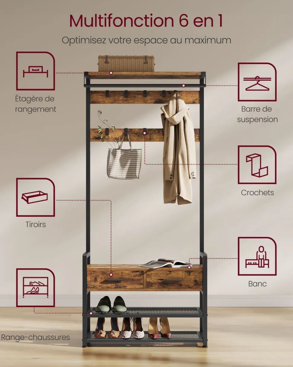 Clearance SONGMICS Porte-manteau d’entrée avec 10 crochets amovibles marron rustique et noir d'encre Marron Rustique + Noir D'Encre