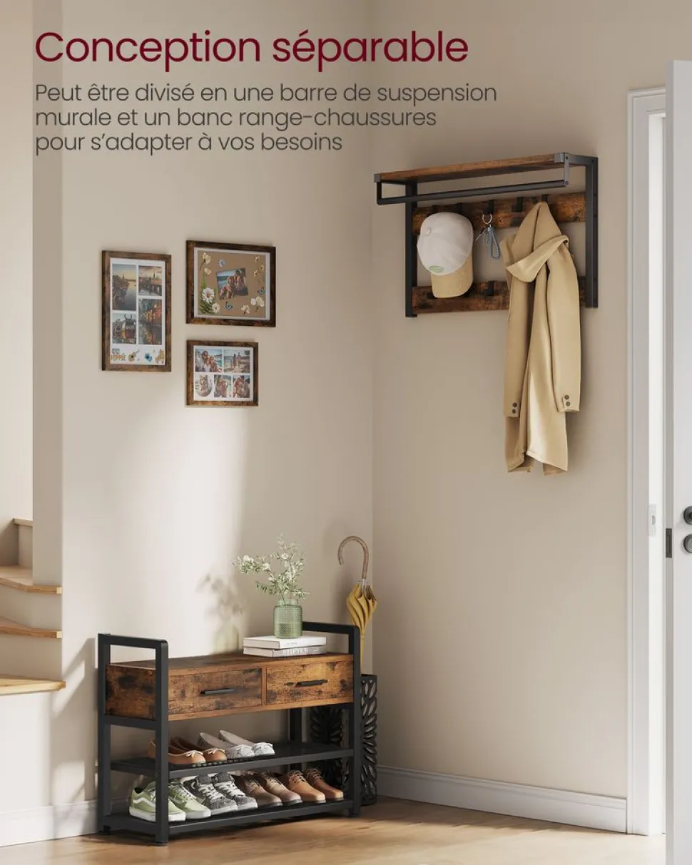 Clearance SONGMICS Porte-manteau d’entrée avec 10 crochets amovibles marron rustique et noir d'encre Marron Rustique + Noir D'Encre