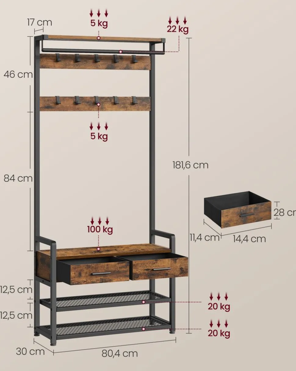 Clearance SONGMICS Porte-manteau d’entrée avec 10 crochets amovibles marron rustique et noir d'encre Marron Rustique + Noir D'Encre