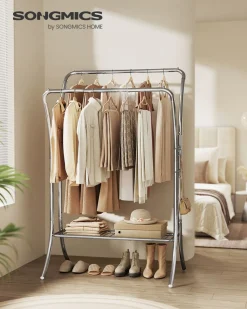 Discount SONGMICS Portemanteau mobile double barre centrale réglable marron Marron Rustique + Noir D'Encre