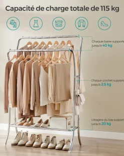 Discount SONGMICS Portemanteau mobile double barre centrale réglable marron Marron Rustique + Noir D'Encre