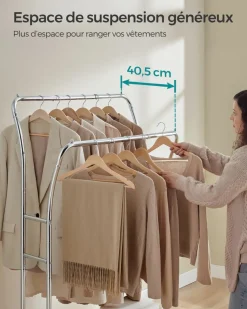 Discount SONGMICS Portemanteau mobile double barre centrale réglable marron Marron Rustique + Noir D'Encre