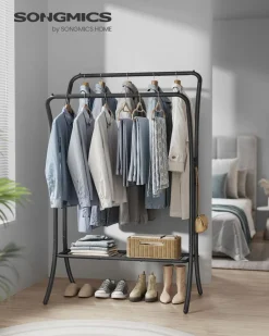 Discount SONGMICS Portemanteau mobile double barre centrale réglable marron Marron Rustique + Noir D'Encre