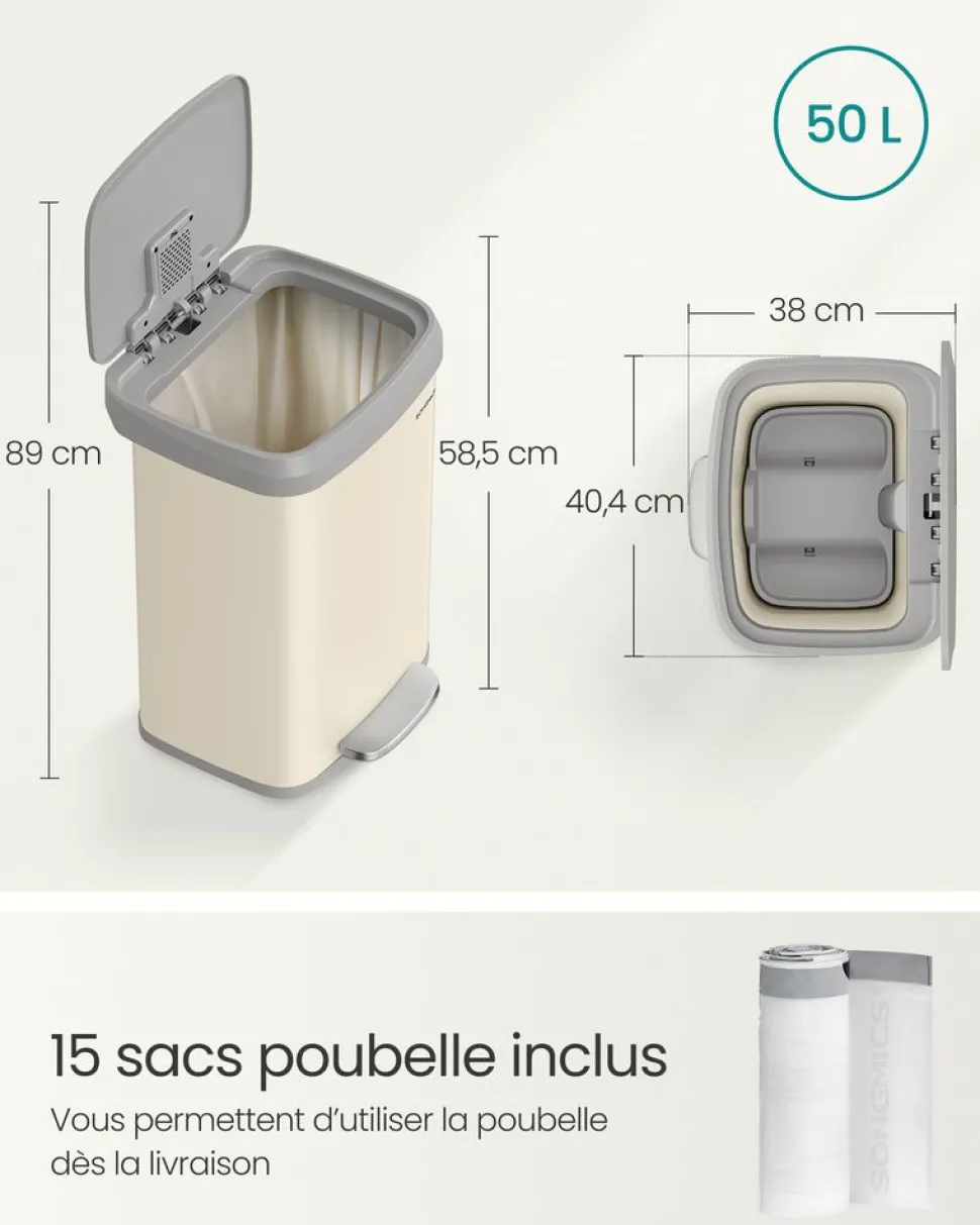 Cheap SONGMICS Poubelle de cuisine 50 L beige sable et gris tourterelle