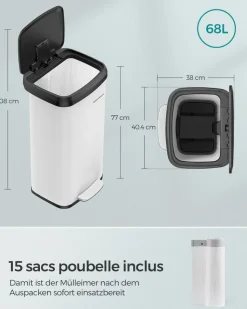 Sale SONGMICS Poubelle de cuisine 68L en métal blanc noir