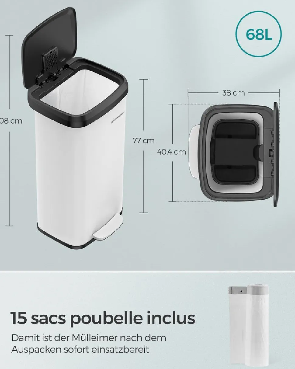Sale SONGMICS Poubelle de cuisine 68L en métal blanc noir