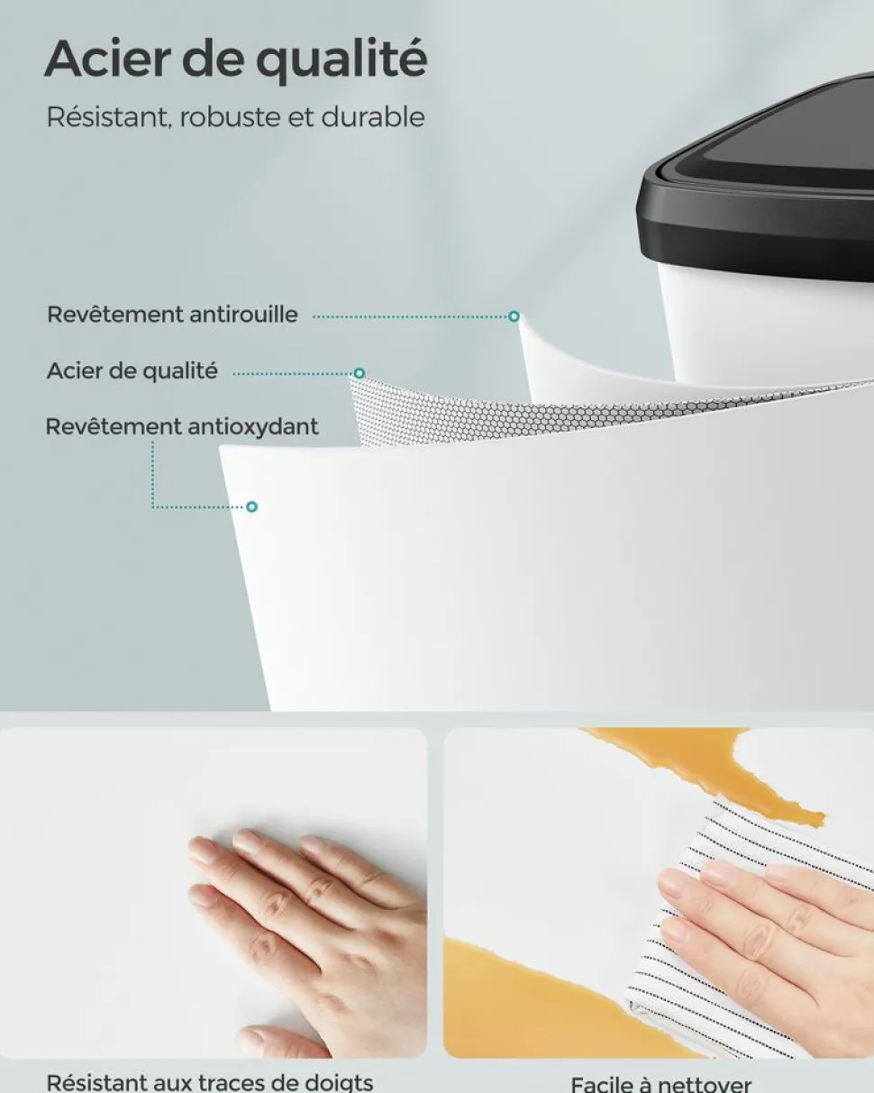 Sale SONGMICS Poubelle de cuisine 68L en métal blanc noir