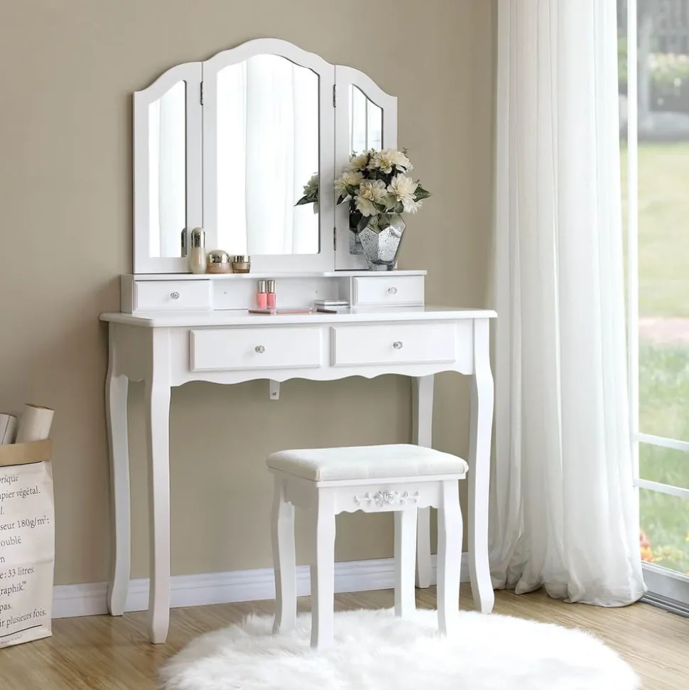 Cheap SONGMICS Set coiffeuse 3 miroirs arqués Blanc