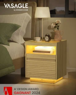 Online SONGMICS Table chevet avec lumière led avec tiroir chêne naturel