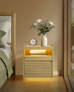 Online SONGMICS Table chevet avec lumière led avec tiroir chêne naturel