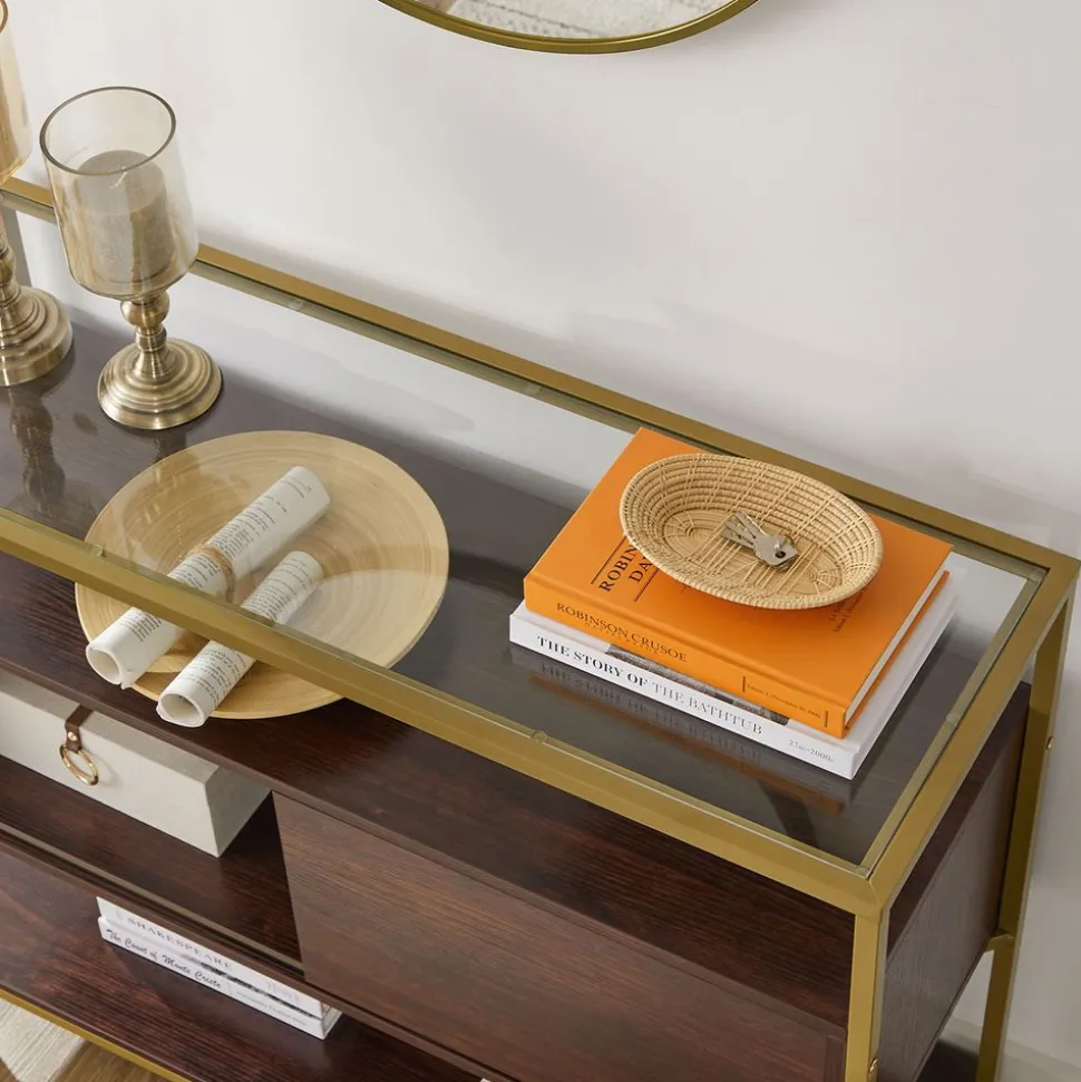 Shop SONGMICS Table console verre marron doré