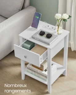 Fashion SONGMICS Table de chevet en bambou avec 2 tiroirs et étagère ouverte blanc nuage