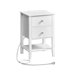 New SONGMICS Table de chevet en bambou 2 tiroirs avec multiprise Blanc Nuage