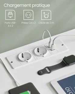 New SONGMICS Table de chevet en bambou 2 tiroirs avec multiprise Blanc Nuage