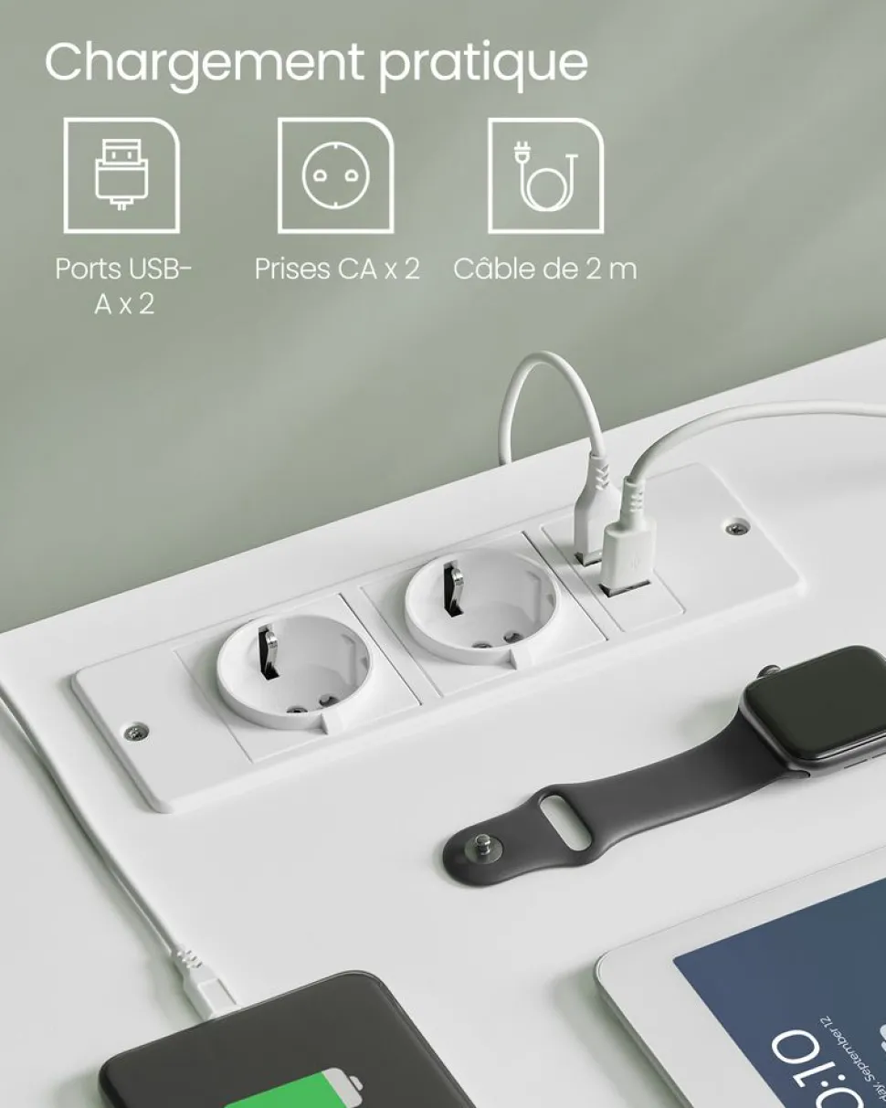 New SONGMICS Table de chevet en bambou 2 tiroirs avec multiprise Blanc Nuage