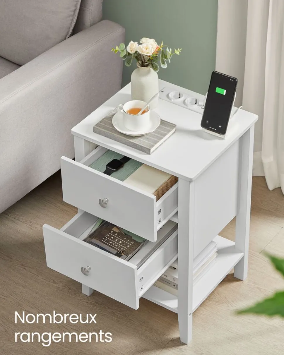 New SONGMICS Table de chevet en bambou 2 tiroirs avec multiprise Blanc Nuage
