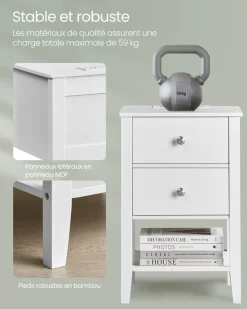 New SONGMICS Table de chevet en bambou 2 tiroirs avec multiprise Blanc Nuage