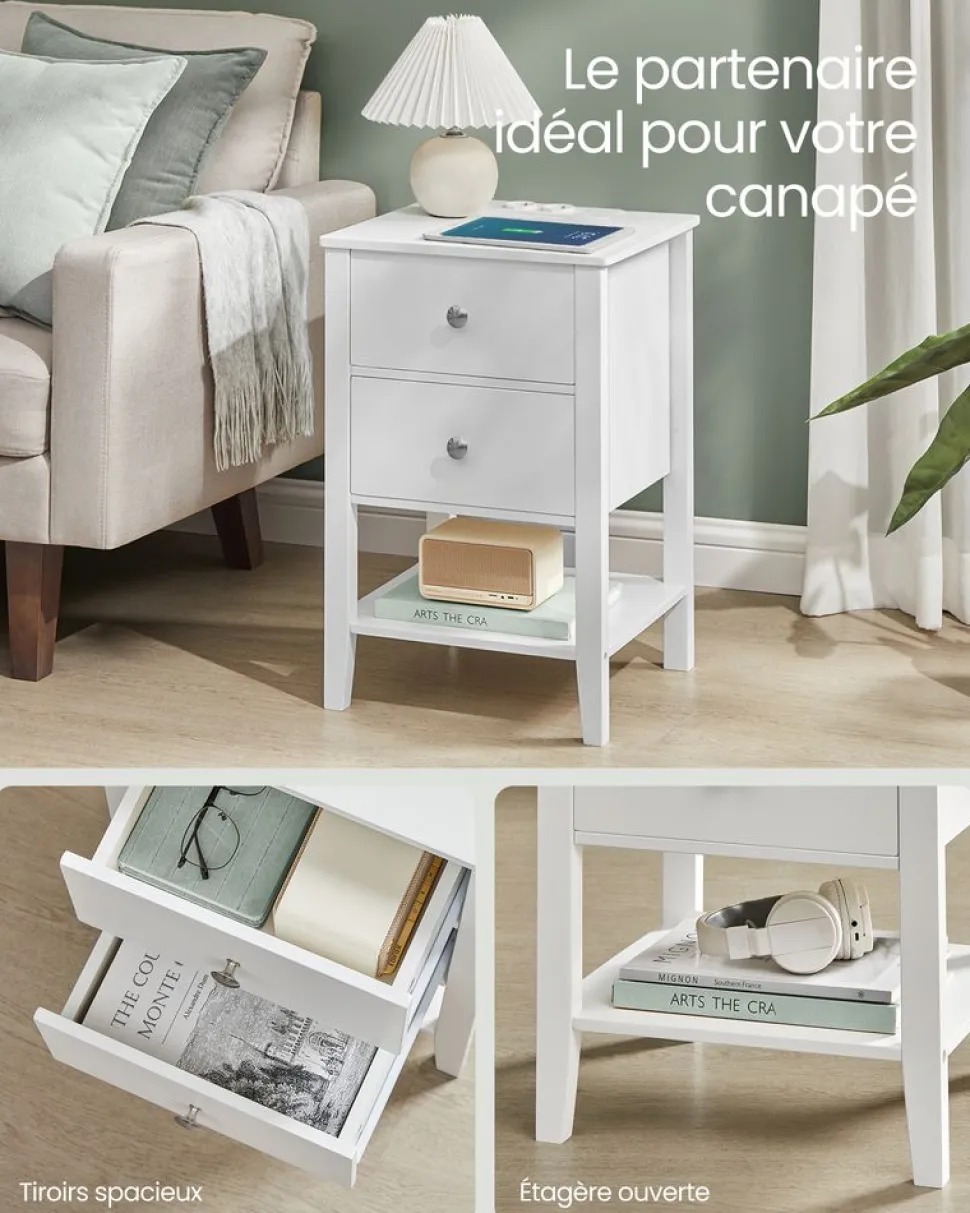New SONGMICS Table de chevet en bambou 2 tiroirs avec multiprise Blanc Nuage