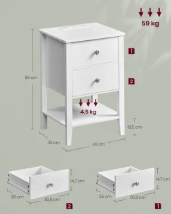New SONGMICS Table de chevet en bambou 2 tiroirs avec multiprise Blanc Nuage