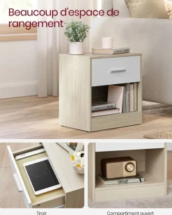 Fashion SONGMICS Table de chevet en bambou 1 tiroir avec multiprise Blanc Nuage