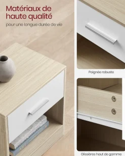 Fashion SONGMICS Table de chevet en bambou 1 tiroir avec multiprise Blanc Nuage