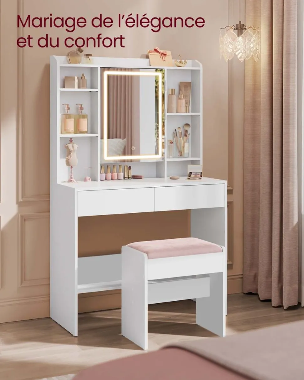 Online SONGMICS Tabouret coiffeuse blanc crème et beige chêne