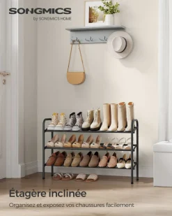 Sale SONGMICS Étagère à chaussures à 2 niveaux avec 4 crochets noir d'encre