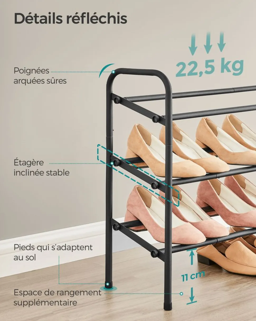 Sale SONGMICS Étagère à chaussures à 2 niveaux avec 4 crochets noir d'encre