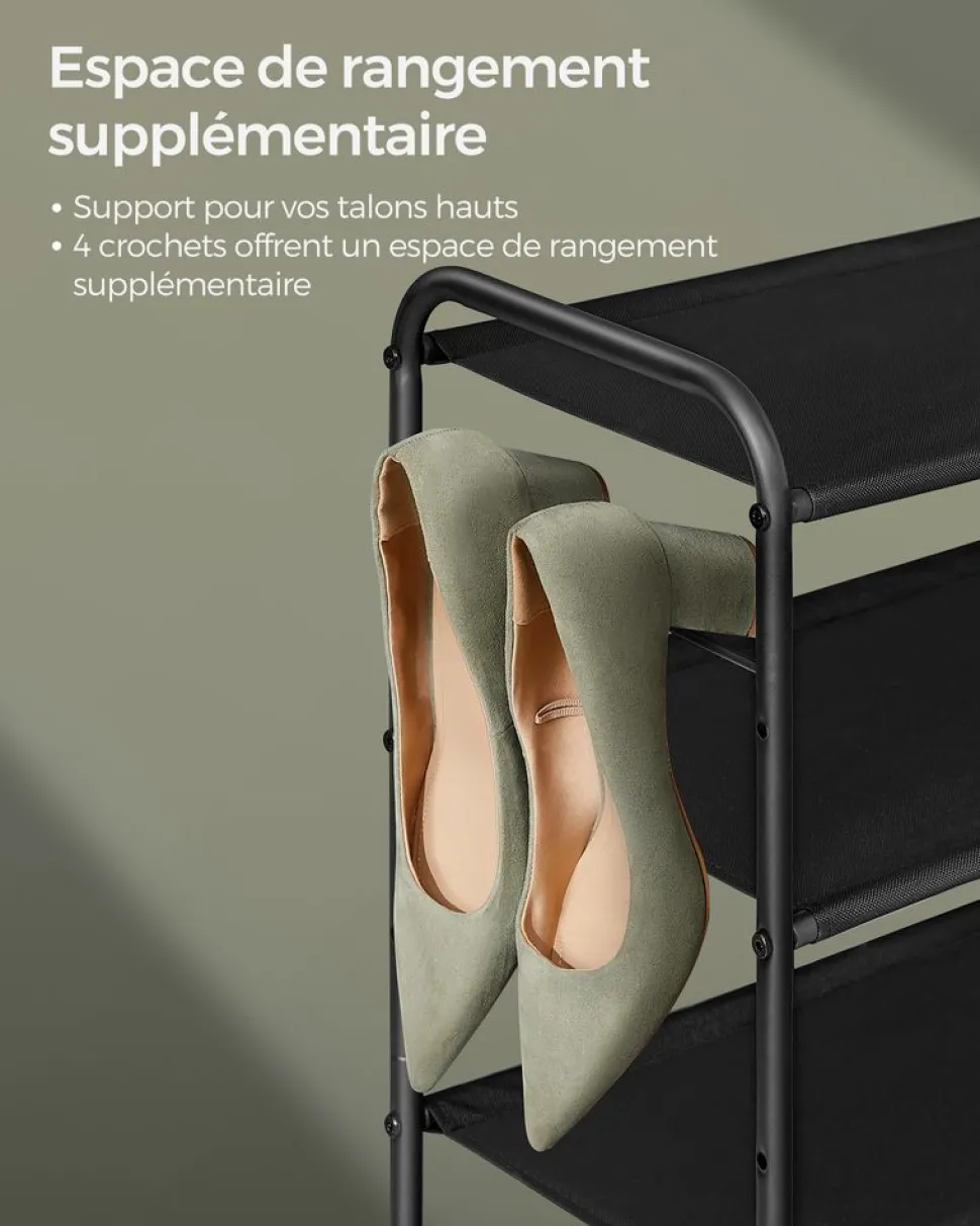 Store SONGMICS Étagère à chaussures à 2 niveaux avec 4 crochets noir d'encre