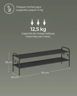 Store SONGMICS Étagère à chaussures à 2 niveaux avec 4 crochets noir d'encre