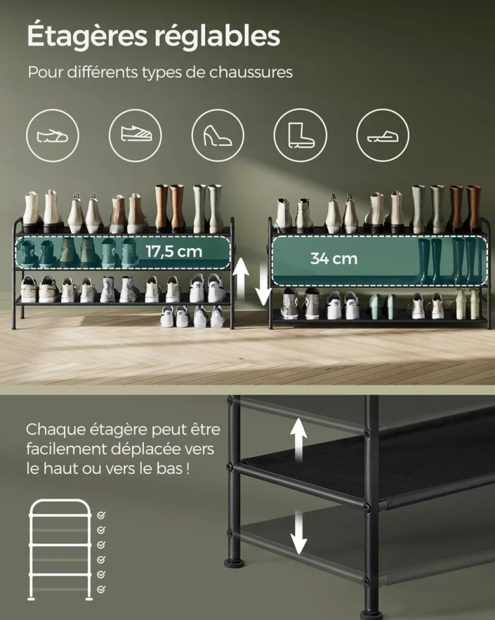 Store SONGMICS Étagère à chaussures à 2 niveaux avec 4 crochets noir d'encre