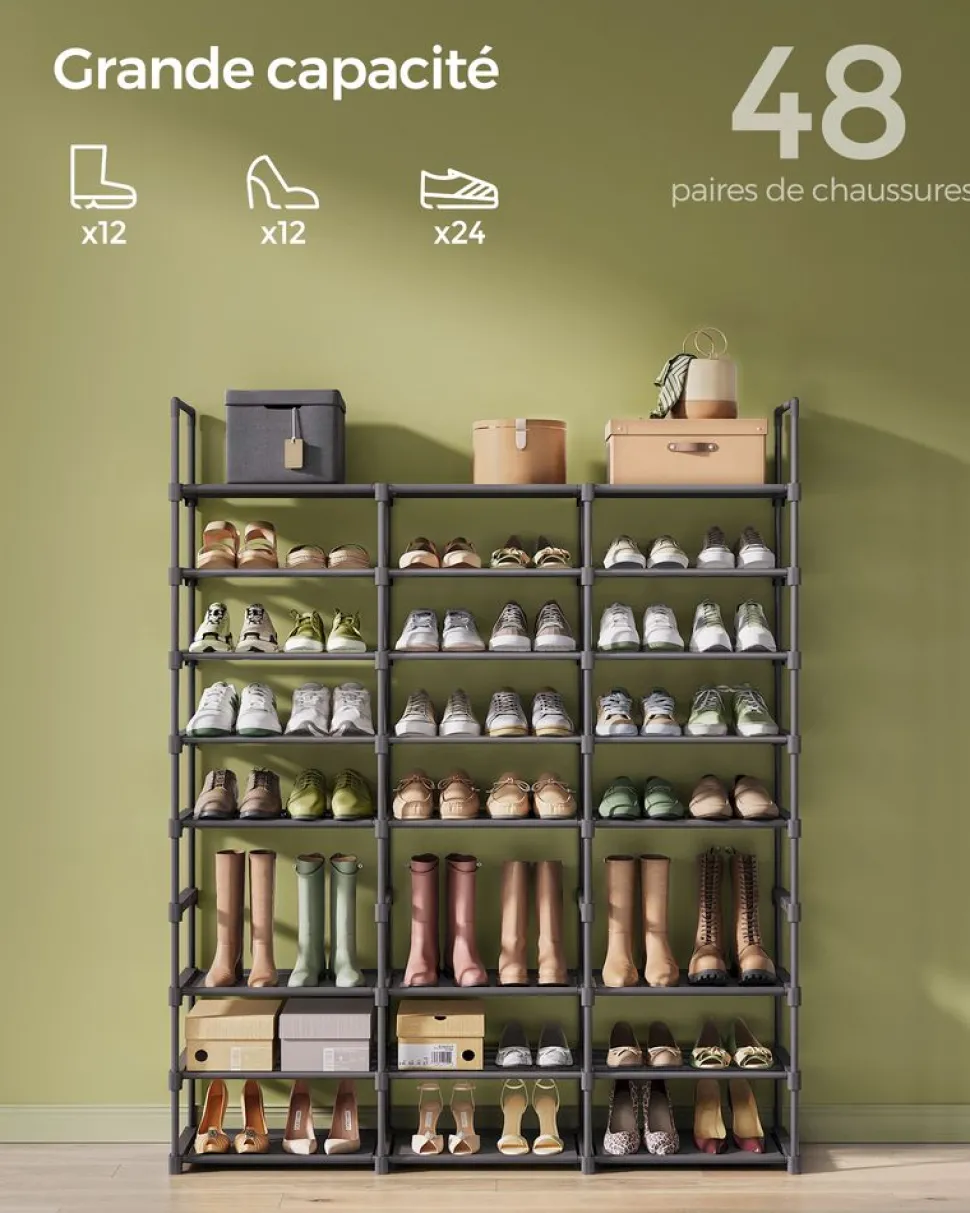 Outlet SONGMICS Étagère à chaussures à 3 niveaux pour 18 paires noir d'encre